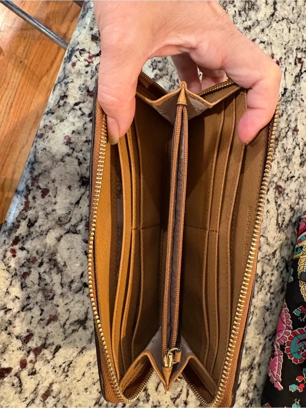 Michael Kors Tan Leather Studded Zip Wallet with Gold Hardware
